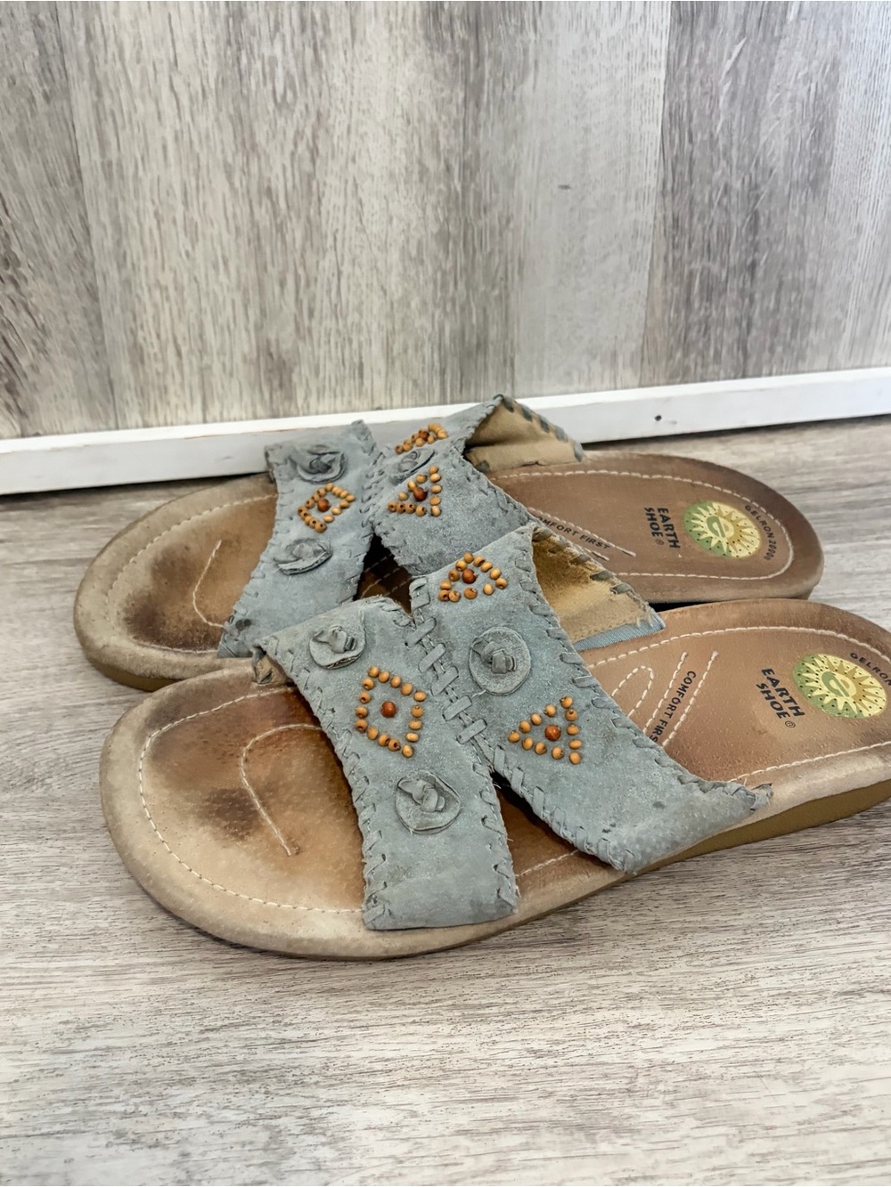 Earth Spirit sandals Blue Womens 10 Slides beaded floral Boho Seminole